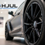 Närbild på en modern mörk fälg och ett däck monterat på en sportbil med Autohjul.se logotyp i verkstadsmiljö.